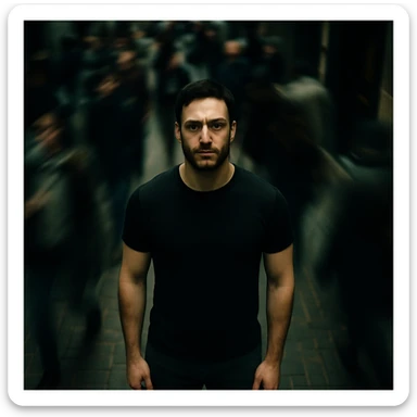 Cinematic overhead shot of the person from the reference image, without headphones, wearing a black shirt. The subject is athletic and well-muscled (not exaggerated), standing still on a brick city sidewalk. Motion-blurred crowd rushes past around him. Moody lighting, 35mm film look, shallow depth of field, sharp focus on the subject. Urban atmosphere. Render in a style suitable for cinematic photography with moody lighting and shallow depth of field. sticker
