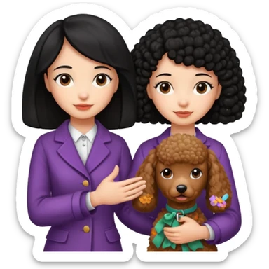 A black hair girl saying byebye with hand shaking a with a brown poodle sticker