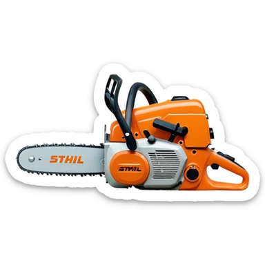 Kettensäge Stihl MS500i von der Seite, mit gut sichtbarem Stihl-Logo, orange-graue Farben, einfacher Emoji-Stil sticker