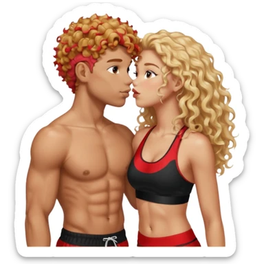 athletic man, high top fade, blonde curly hair only top only, no shirt and Athletic girl with long light red wavy long hair and black sports, Put them together kissing, or holding hands sticker