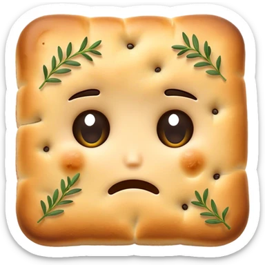 Focaccia bread with thyme with a sad face sticker