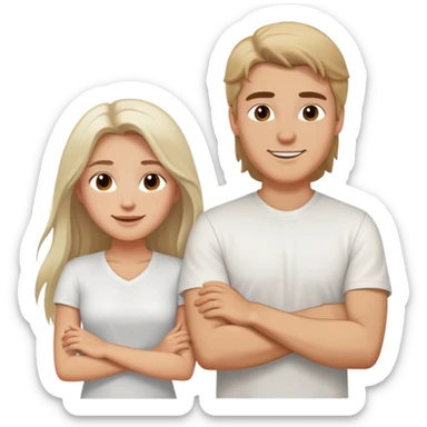 A white guy and a white long-haired girl crossed their arms over their chests - with a happy look on their faces - wearing white shirts sticker