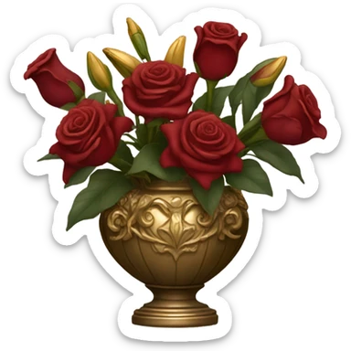 A Baroque-style still life with a bouquet of deep red roses and lilies in a gilded vase, draped in velvet fabric sticker