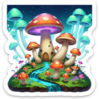  "A whimsical mushroom world filled with giant glowing mushrooms, soft bioluminescent spores floating through the air, and friendly oversized snails with colorful spiral shells exploring the landscape. Fantasy atmosphere, vibrant colors, dreamy lighting, highly detailed sticker