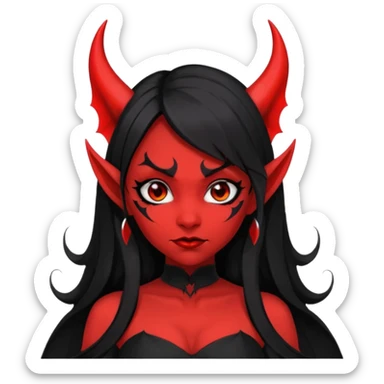 demon girl, skin red , black long hair, small horns, pointed ears, bat wing, black open-back dress, bold black outlines, red+black palette sticker