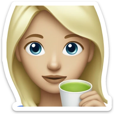 Blonde girl with blue eyes with a hot matcha sticker