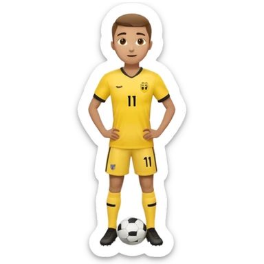 Apple emoji style 23 year old soccer player standing hands on waist, yellow jersey #11, soft shadows sticker