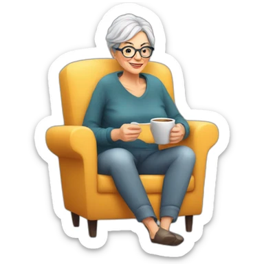 50 years old  woman, glasses, armchair, Reading at home, drinking a coffee, relax sticker