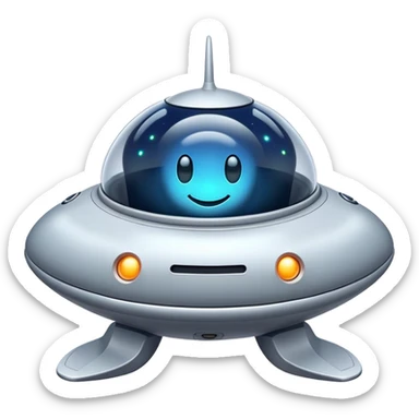 Design a simple, friendly spaceship with a smooth, rounded shape. Add a clear 'face' on the front using glowing lights for eyes and a curved line for a smile, giving it personality. Use a plain background to keep the focus on the ship sticker