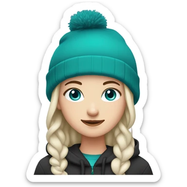 White girl, black hoodie, teal hair, purple beanie hat, blue eyes sticker