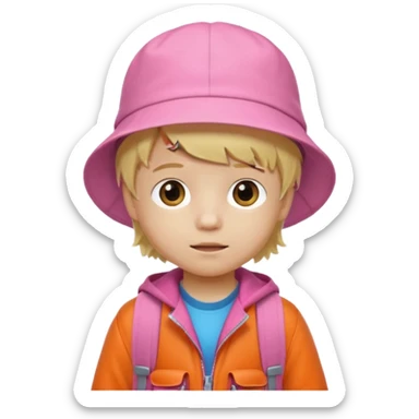 A little boy student white skin, blonde hair, with white bucket hat, orange jacket, pink backpack sticker
