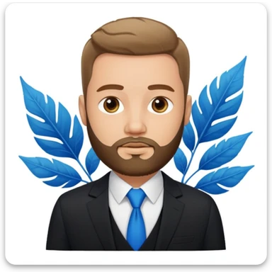 professional emoji-style male character with trimmed beard, short hair, black suit, white shirt, blue background with white leaf design sticker