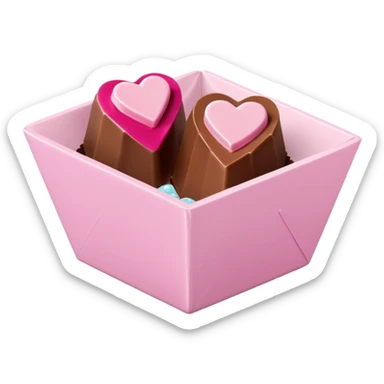 Two square milk chocolate pralines , sharp-edged glossy cubes placed diagonally side by side, each sitting in a small white fluted paper candy cup.
Flat thin pastel pink heart icing centered on top with fine sugar crystal sparkle, clean studio product lighting,  sticker