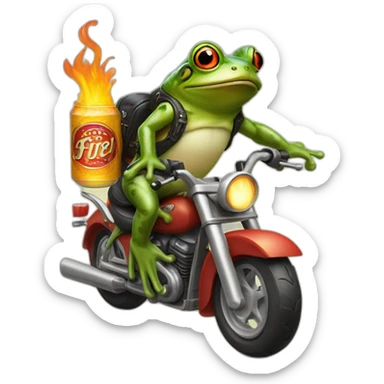 Frog riding motorcycle with fire exhaut and beer in one hand sticker