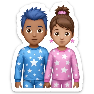 4 year old brown spikey haired boy with blue pajamas with stars on them and a 1 year old brown haired pony tail girl with pink pajamas, and stars on them with light skin sticker