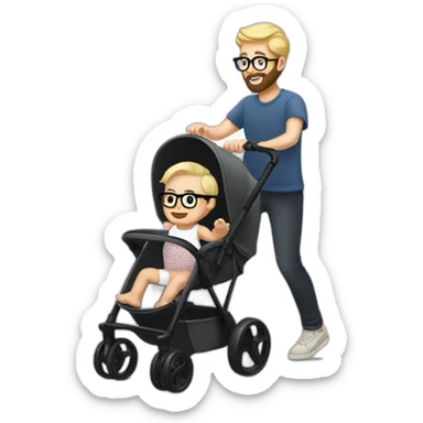 White man with Black hair,  beard and glasses pushing buggy with blonde baby sticker