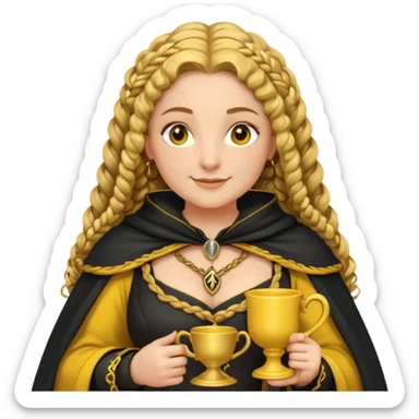 Helga Hufflepuff, 2 curly thick brown braids, yellow-black medieval dress, black cloak decorated with gold braiding, tiny two-handled shiny yellow-gold cup, very kind smile, curvy busty sweet woman, thick rosy cheeks sticker