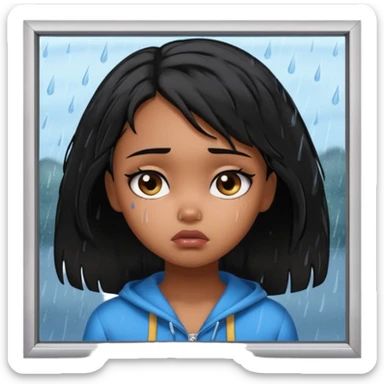generate a pretty bratz brown skinned girl with messy black hair looking out of the rainy window, looking very sad sticker
