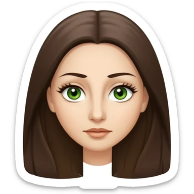40 year old Adult woman avatar, light skin tone, long, oval face, long straight ashy brown hair, green almond-shaped eyes with dramatic eyelashes and minimal eyeliner, neutral mouth, medium straight eyebrows, small nose, smooth skin sticker