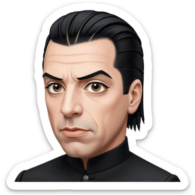 Till Lindemann, slicked-back hair, dramatic stage face, black clothing sticker
