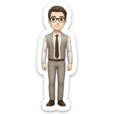 Pale skinned fit man with dark brown hair in gray jacket, beige office shirt, brown tie, brown pants and vintage glasses Writing text on a marker board sticker