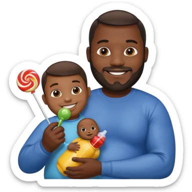 Big black man hold a  baby bottle and a lollipop sticker