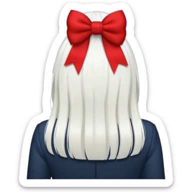 back view of white hair with red bo sticker