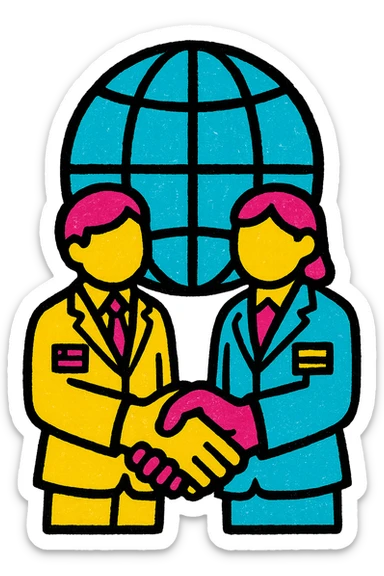 A colorful icon of a handshake between two businesspeople from different countries with a globe in the background, using colors #1E90FF, #F13816, and #FFFFFF sticker