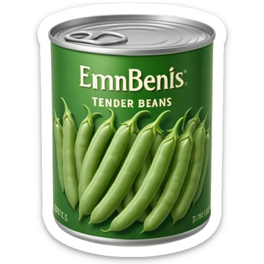 metal can with simple label open top showing tender green beans inside cut into even lengths moist slightly glossy packed in light brine muted green color soft texture cooked preserved vegetables no fork bowl branding just opened can soft lighting subtle shadows emoji scale sticker