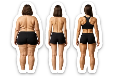 fai una donna di spalle in gym shorts leggermente sovrappeso e con cellulite e accanto una seconda donna di spalle magra (che è dimagrita post dieta) e accanto una terza donna in forma allenata e con le giuste proporzioni, l'immagine deve rappresentare il processo: da donna grassa, a donna piatta e magra, a donna allenata e in forma con i giusti muscoli, iperrealistico 4k sticker