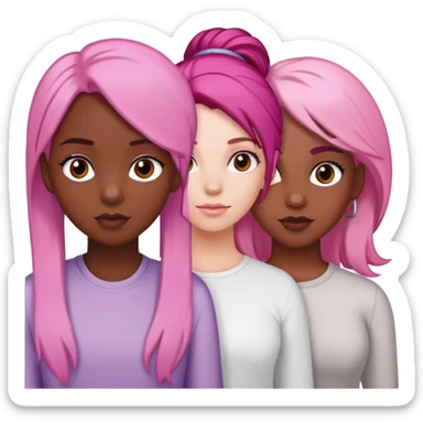 a black girl with dark brown hair next to a white girl with pink hair and a white girl with brown hair sticker
