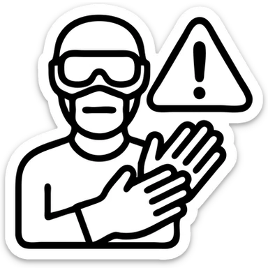 warning icon showing a person wearing full PPE including safety goggles, gloves, and a mask, with a bold exclamation mark, suitable for a chemical factory safety sign sticker
