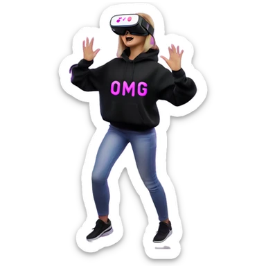 Russian girl wearing black hoody with violet letters "OMG", in vr headset oculus quest2. Dancing. Cyberpunk style. Violet neon. sticker