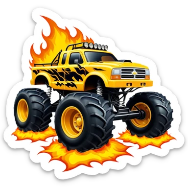 Maximum Destruction - Monster Jam (Model Year: 2021) (Iconic colour: Yellow with black flames) - A ferocious monster truck featuring a vivid yellow base accented by dramatic black flame patterns. Emphasize sharp, high-contrast flame streaks across the body, creating a look of aggressive, explosive energy. sticker