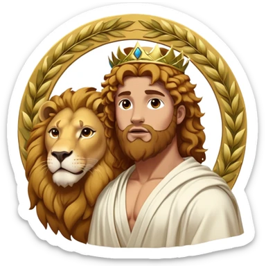 Cinematic Realistic Hercules Portrait, captured in a dramatic lion-wrestling pose that epitomizes raw, heroic strength. His light tan, athletic skin and thick, curly, golden brown hair are showcased as he grapples with a majestic lion, his refined face reminiscent of Michelangelo's David marked by noble determination. Draped in a flowing white robe with understated golden accents and crowned with a classic Greek laurel wreath, dynamic natural lighting accentuates every muscular contour and fierce, commanding expression, embodying the essence of ancient valor. sticker