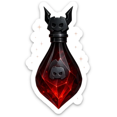 luxurious crystal elixir bottle in the shape of a drop, inspired by Discord, edgy and cool vibe, deep red color, black and silver details, very small neck, seamless bottom, bottle clearly floating in air, no base or shadow, modern, collection style, with magical glowing and sparkling effects, transparent background sticker