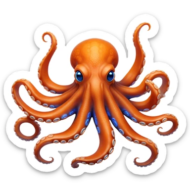 Cinematic Realistic Noble Octopus Portrait Emoji, Poised and majestic, with a sinuous, flowing body in vivid orange accented by intricately detailed blue rings, and intelligent, penetrating eyes that reflect ancient ocean lore; rendered with lifelike texture and natural iridescence, high shine, intelligent and formidable, styled with an aura of mystical marine power, focused and attentive, soft glowing outline, capturing the essence of a watchful and confident octopus that appears ready to glide out of the screen with timeless authority! sticker