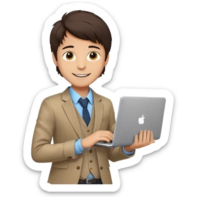 a light tan boy with messy dark brown hair. Wearing a blazer and carrying a lapotop. watch on wrist sticker