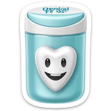 A small round plastic container with the phrase  "dental floss" on it sticker