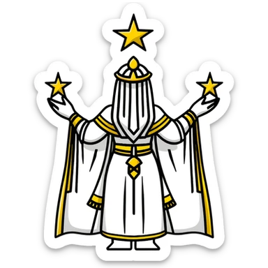 back view of Anunnaki goddess Inanna with detailed ceremonial robes and star symbols sticker