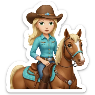 one blonde with light blue green eyes cowgirl on a horse sticker