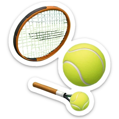 A tennis racket and a ball placed on the ground, with a tennis court in the background. The court lines and net are visible, emphasizing the structure and focus of the sport, creating a dynamic and energetic vibe. sticker