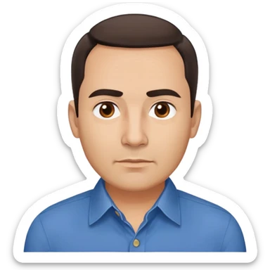 Middle-aged Hispanic man with round face, broad cheekbones, light skin. Warm brown eyes, thick straight eyebrows. Short brown hair combed slightly back with receding hairline. Professional look. Wearing a blue button-down shirt. sticker