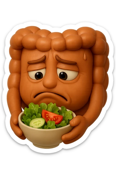 EMOJI STILE IPHONE DI UN INTESTINO UMANO ANATOMICO CHE GUARDA UN INSALATA CON ESPRESSIONE TRISTE E RASSEGNATA IN VOLTO: SOFFRE LA FAME PERCHé è A DIETA, FAGLI ANCHE LA PARTE BIANCA DEGLI OCCHI, NON SOLO LE PUPILLE, IPERREALISTICO 4K sticker