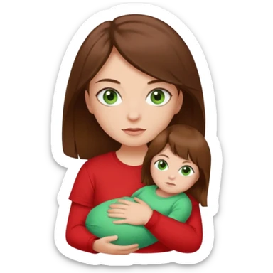 a girl with brown strait hair and has baby green eyes has a red t-shirt sticker