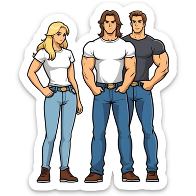 Take out the third leg Two people together, a 35 year-old tall muscular man with brown hair and a shorter blonde woman long hair also very good shape getting married next month. I don’t want them in wedding garb jeans and a T-shirt that show off their bodies would be best. sticker