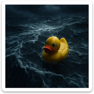 Cinematic still, Extreme Closeup shot of Yellow duck toy on ocean during storm, Camera from top, inspired by interstellar sticker