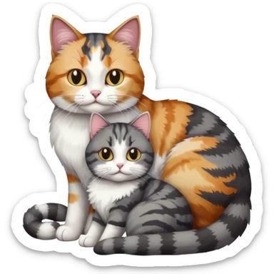 full body colourful light patched calico + white tabby cat cuddling a big dark grey and white tabby cat  sticker