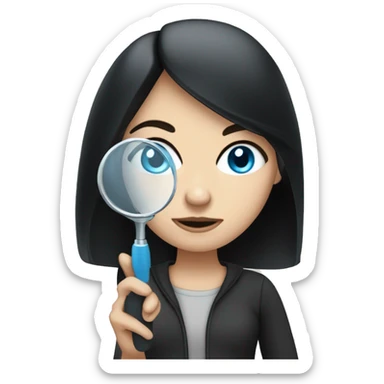 white girl with black hair and blue eyes with magnifying glass sticker