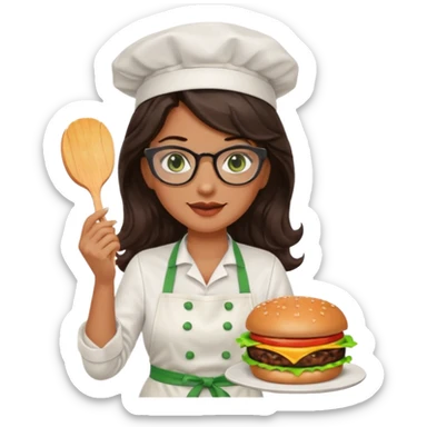A female chef with glasses, dark brown long wavy hair, Green eyes and cooking a burger sticker
